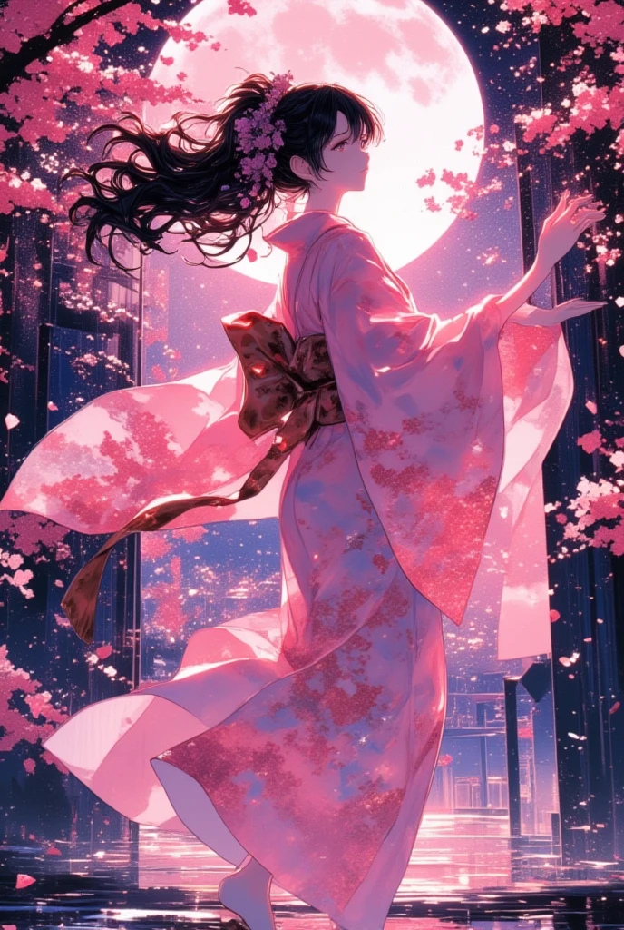 (masterpiece, best quality:1.2), 1 girl, unique, pink Japanese Yukata, The backdrop of detailed imagery of Japanese sakura petals inside the woman's silhouette, ethereal, concept, bleeding in with background, voluminous black hair with pink strands underneath mixing in with the background, creative accessories, medium breasts, creative dance pose and perspective, calming, dim lighting, hair reflecting the moonlight, fully clothed, traditional Japanese wooden sandals, SFW, water reflection, cowboy shot, collage art, Background of japanese sakura design patterns, rough lineart