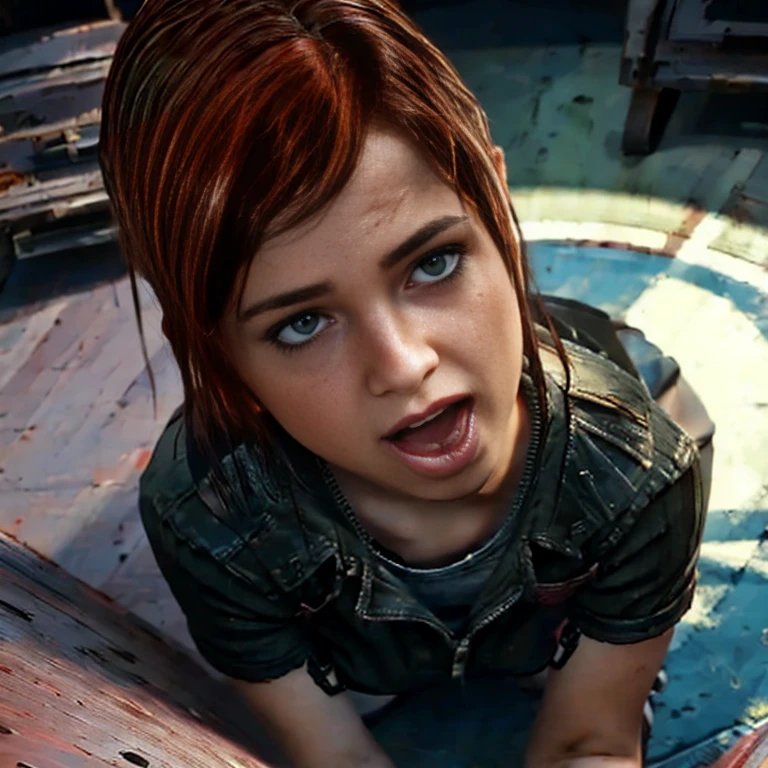  young and very cute girl with carmine hair and black eyes, she has her mouth open,sticking out her tongue seductively, shot from a high angle looking down on her sitting on the floor, highly detailed, photorealistic, 8k, best quality, masterpiece, intricate details, vibrant colors, dramatic lighting, cinematic composition