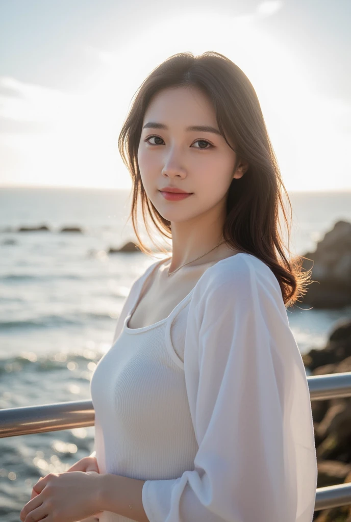 Young Japanese woman, 20s, background is the sea, simple background, long brown hair, slender, 4K, 8K medium, high resolution, beautiful woman, beautiful eyes, simple, high resolution, alone, beautiful skin, beautiful skin, White leotard, long beautiful legs, hair blowing in the wind