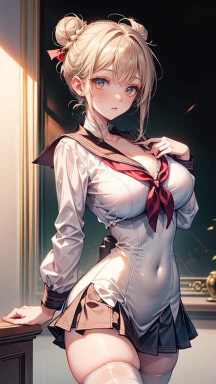 masterpiece, top quality, best quality, official art, beautiful and aesthetic:1.2), (1girl), Elf, young adult, large breasts, revealing black school uniform, short blonde hair, green eyes, smug look on face, stockings