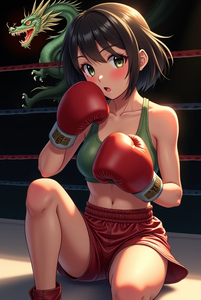 best quality, (masterpiece),(ultra-detailed), (high quality), (high resolution), (2heads:1.5), brown hair, tan brown skin, green and purple t shirt, green tank top with purple patterns, wrestling ring, exposed midriff, sports shoes, sexy woman, wrestler girl, medium breast, lustrous body, full body, blur eyes, fighting stance, large breasts
