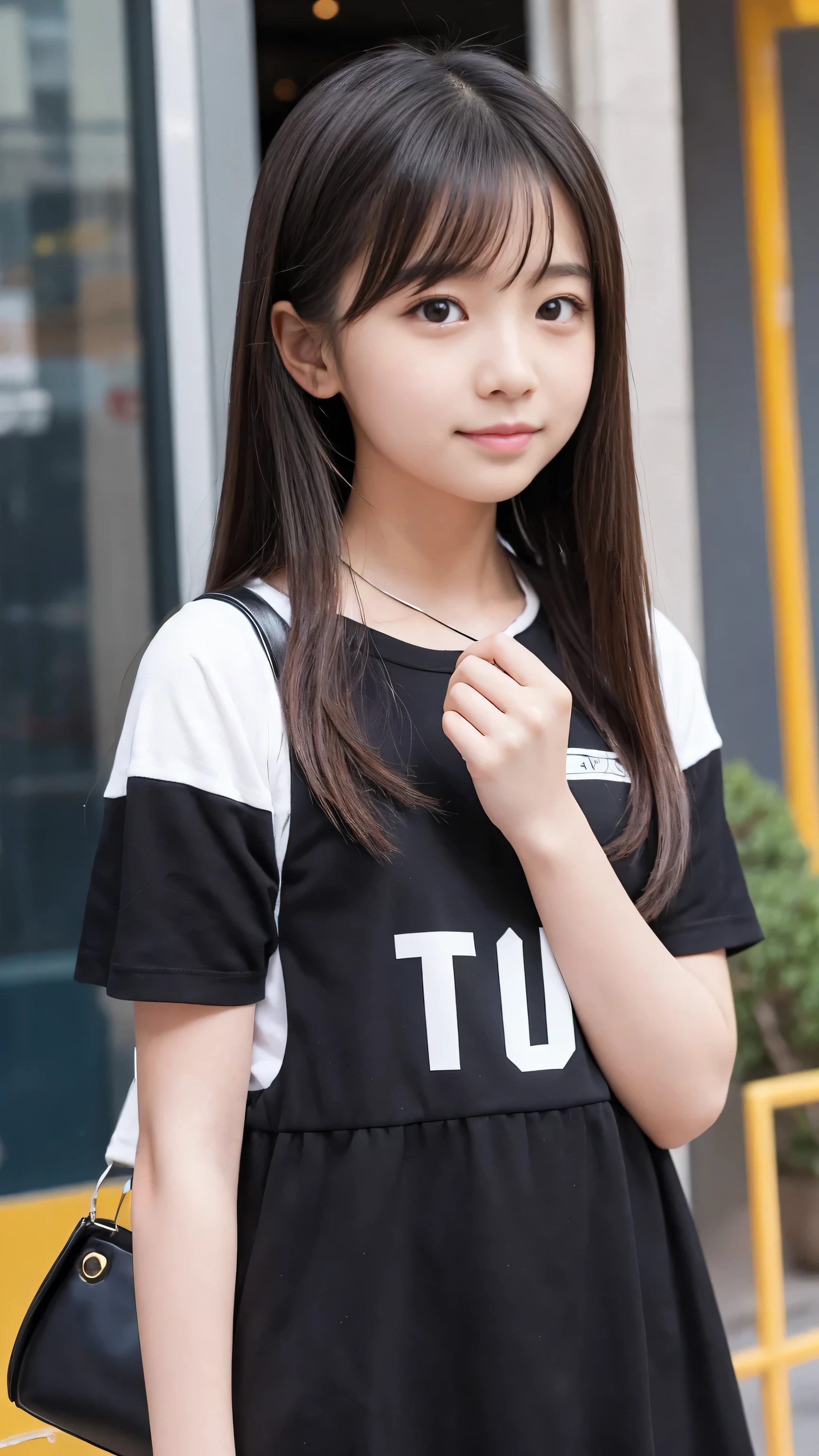 Very cute face、smile、12歳girl、Fluffy long hair、Beautiful legs、Beautiful body、Thin legs、White skin、Black T-shirt、Black mini skirt、白いパンティ少し見えている、sea