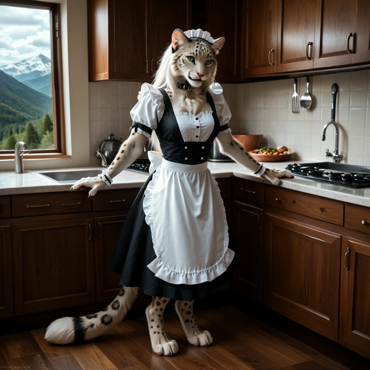 score_9, score_8_up, score_7_up, score_6_up, kitchen with gas stove, white leopard cook, female, with mane, maid clothes, anthro, stirring in the saucepan, felid, feline, stands, human-like hands, (detailed background), nature, in the high mountains, fur, solo, high quality, furred body, paws, handpaw, fluffy, silver bracelets on the legs, (detailed eyes, green eyes), slightly muscled, highly detailed, realistic fur, beautiful, photorealism, photorealistic, dslr, photo, expressive, full body, pawpads, paw pads, dutch angle, with claws, silver collar with medallion