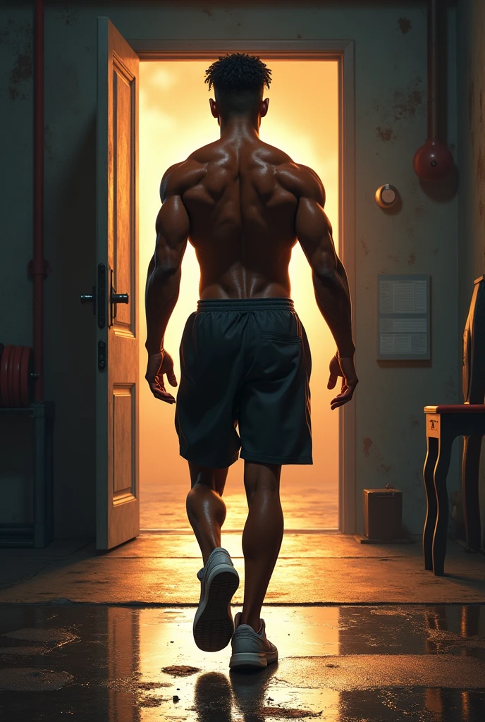 A photorealistic image of the rear view of'a naked male bodybuilder with a shaved head and a full beard, l'man looks behind him while walking down an empty wooden corridor with a steamy, foggy atmosphere brightly lit by dozens of white neon lights. The entire floor is completely covered with 2 centimeters of'eau, creating a clear reflection of his silhouette amidst the fog and steam. The intense light source in front of him casts intense lighting on him., avec l'eau sur le sol rehaussant son reflet, adding to a dramatic and intense scene filled with depth and complexity.