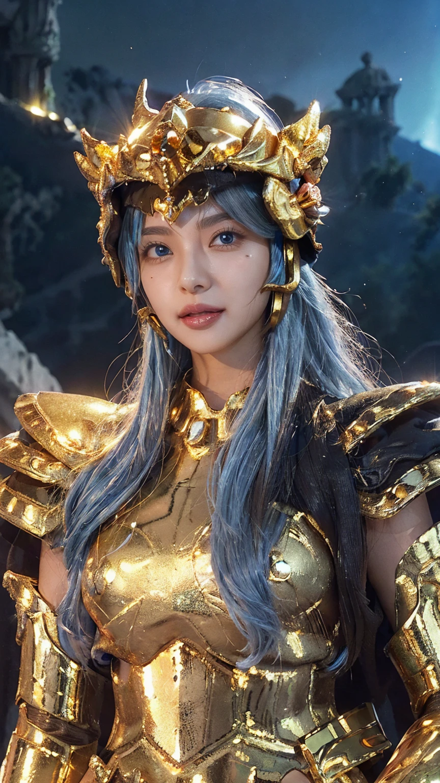 Professional , masterpiece、top-quality、photos realistic , 、top-quality、超A high resolution、(Photorealsitic:1.4)、Raw photo、depth of fields (Gemstone Gold Metal Body:1.9),(Matte White、Toostock、cleavage of the breast、(cleavage of the breast)、(((Micro Bikini Armor))),(Detailed Dragon Armor)、(Have the strongest weapon)、((Random Hairstyles 1.6),Dark Fantasy,)explosions、intense fighting、(Precipitous cliffs),Dragon Gold Weapon,Mystical expression、Particles of light、Fight dragons、(Detailed Dragon Helmet),Gorgeous Silver Weapons ,(( Dragon's dense and gorgeous sword)) , Beautiful knife ,warhammer 40k ,Detail and gorgeous crown、((Blue hair))、(Castle background)、、((Gangle's forest background))、Beautiful Caucasian beauty、1a person、dynamic ungle,(((With detailed shielding)))、Smaller head、A smile、Castle background、Thin and beautiful female hands、cleavage of the breast、Soldier in iron armor on background、Mystical expression、Light Effects、intense fighting、Wind-effect、magic circles、With the legendary magic wand、(demonic wings)、Toostock、