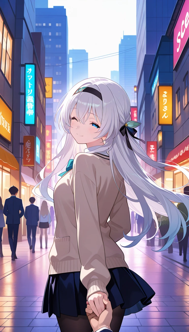 First person view, turning back pose, gently holding viewer’s hand, high quality anime art, long white hair, long hair flowing, blue eyes, highly detailed face, elegant, vibrant colors, cinematic lighting, walking on a city street, light brown cardigan, serene happy mood, closed eyes.