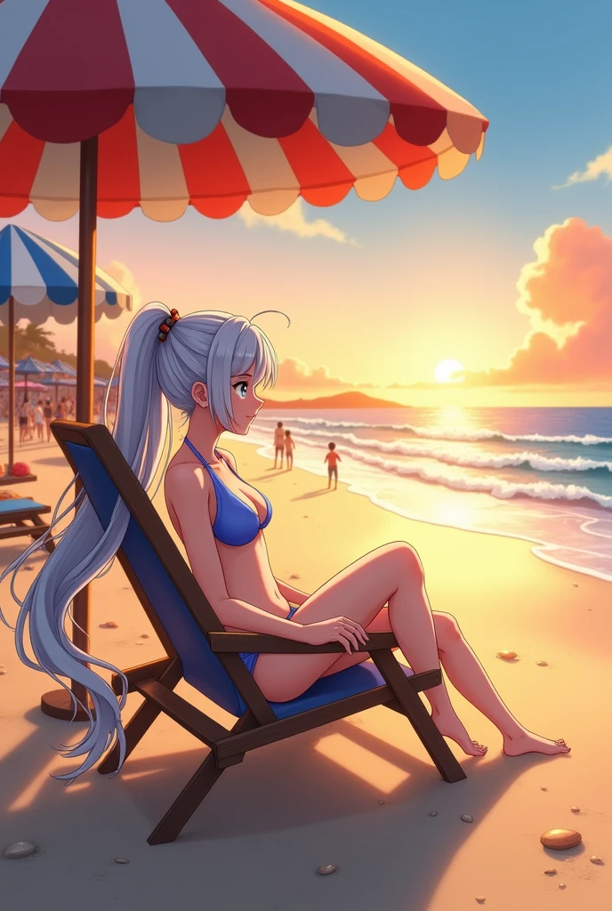 A person relaxing on a beach with income streams flowing from various sources like rental properties, stocks, and online businesses