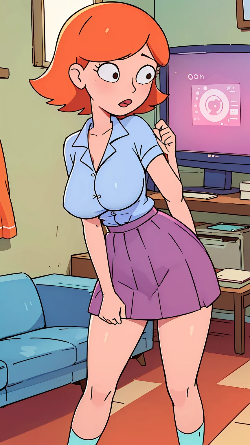  a teenage girl sexy attractive beautiful cool popular short orange hair disheveled cut light red lip wears long light blue button shirt sensual curves and a short purple miniskirt pair short blue socks legs white heel she walking living room class, huge breasts, lifting skirt, tall, lifting skirt