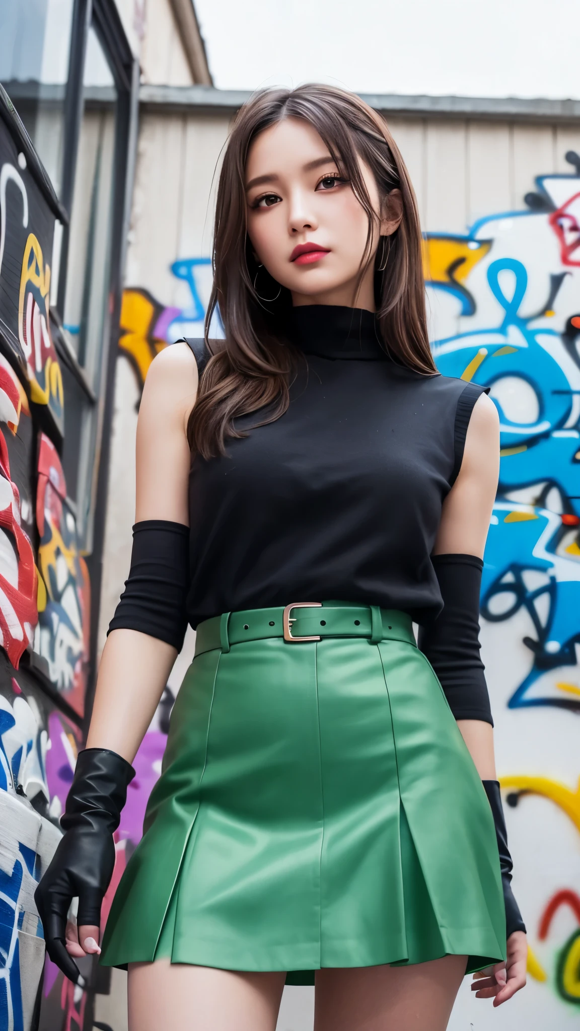 前hair, brown_hair, length_hair, red eyes,lipstick,compensate,
break black gloves, gloves, skirt, dress, green dress, Short sleeve, puffy sleeves, Juliet Sleeves, short skirt, green skirt,Murrue Ramius、超ミニ skirt、ミニ skirt、すごく短いミニ skirt、
break (Graffiti:1.5), splash purple lightning pattern showing the viewer from the front, Arms behind back, Against the wall, View the viewer from the front, ,
break outdoors,
break (masterpiece:1.2), top quality , high definition , unity 8k 壁紙, ( illustrations:0.8), ( beautiful detailed eyes:1.6), extremely detailed face, perfect lighting, very detailed CG, (perfect hand, perfect anatomy),