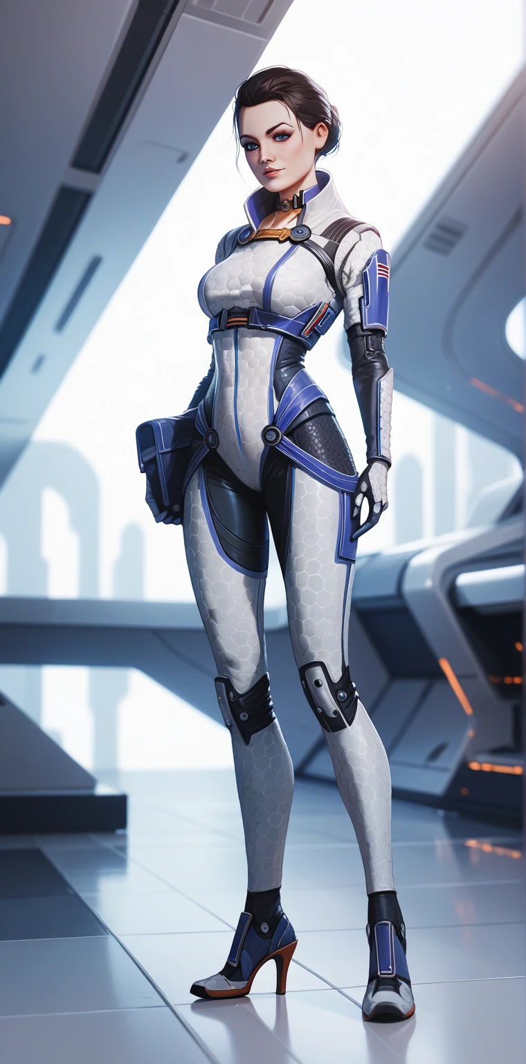 (masterpiece、best quality、Maximum resolution、Clear_image、details): (Full body picture、15 year old girl、Japanese Face、Small face、Thin、Navy Blue Super Short Bob Hairstyle、blue eyes、((Navy long sleeve space suit、Space Helmet))、earphone、Cosmic Tote Bag、Cute、gentle smile、Soft expression、earphone、(((Knee-high boots)))、Gloves come to elbow length、Shoot at eye level、face directly、Woman on a spaceship), (((Camel toe))), ((Plain white tights))
