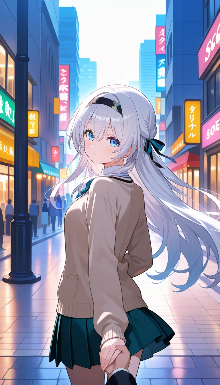 First person view, turning back pose, gently holding viewer’s hand, high quality anime art, long white hair, long hair flowing, blue eyes, highly detailed face, elegant, vibrant colors, cinematic lighting, walking on a city street, light brown cardigan, serene happy mood.