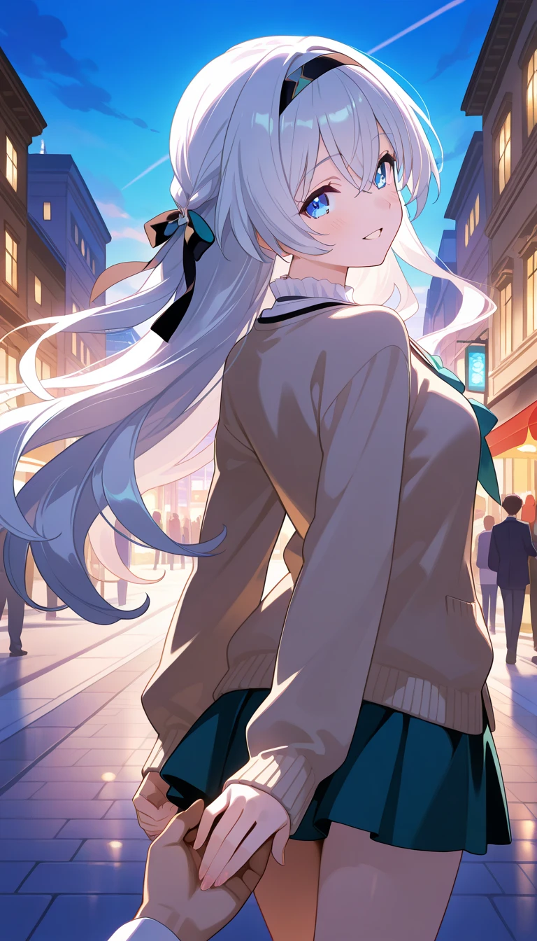 First person view, turning back pose, gently holding viewer’s hand, high quality anime art, long white hair, long hair flowing, blue eyes, highly detailed face, elegant, vibrant colors, cinematic lighting, walking on a city street, light brown cardigan, serene happy mood.