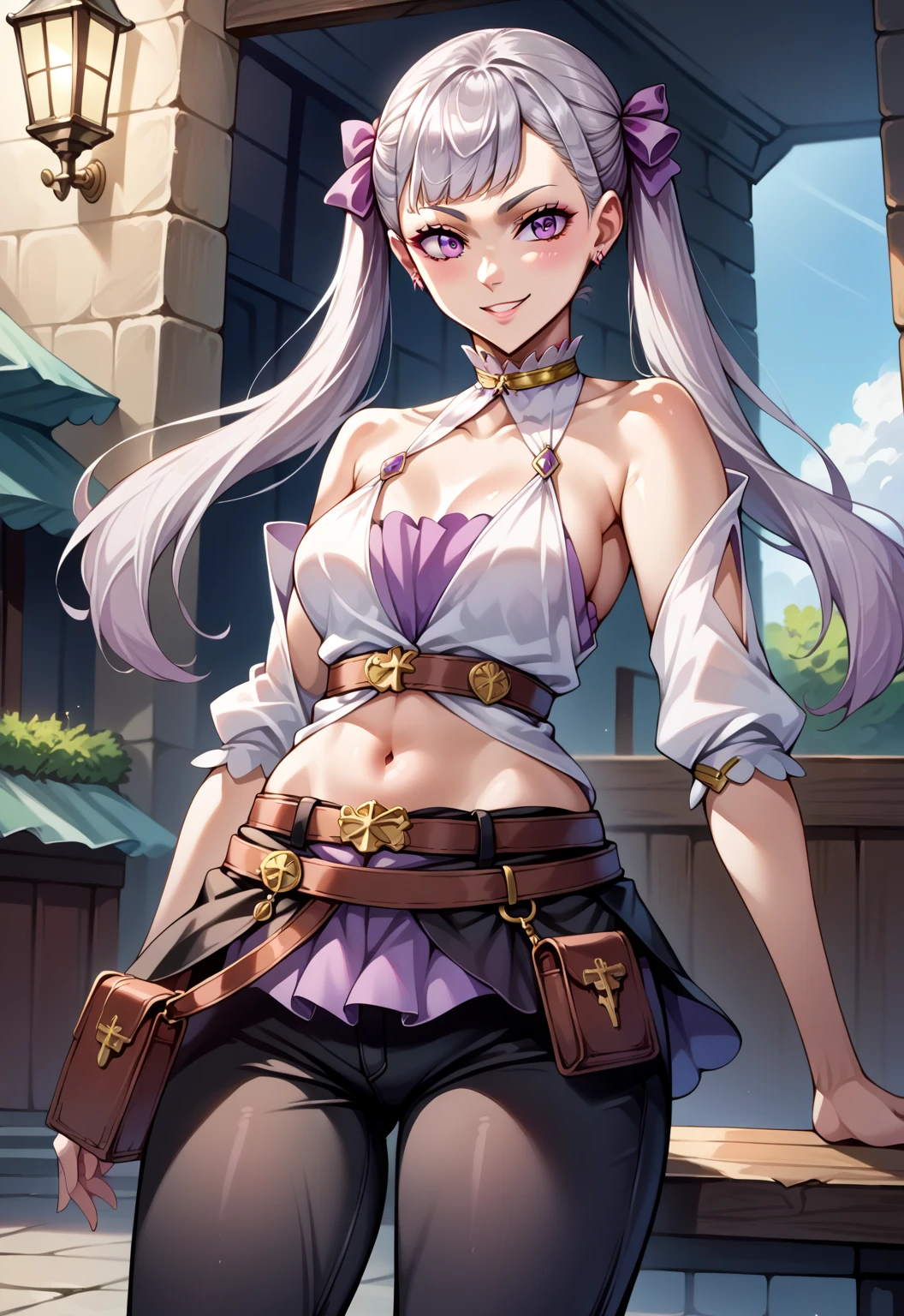 score_9, score_8_up, score_7_up, source_anime,4K,perfect fingers,(perfect hands, perfect anatomy),
noelle silva, grey hair, purple eyes, twintails, hair ribbon, 
Wearing ((separate,shiny black pants, belt, waist pouch, navel, bare shoulders, bare breasts)),
Standing,looking at viewer,seductive pose,teasing smile, NSFW,