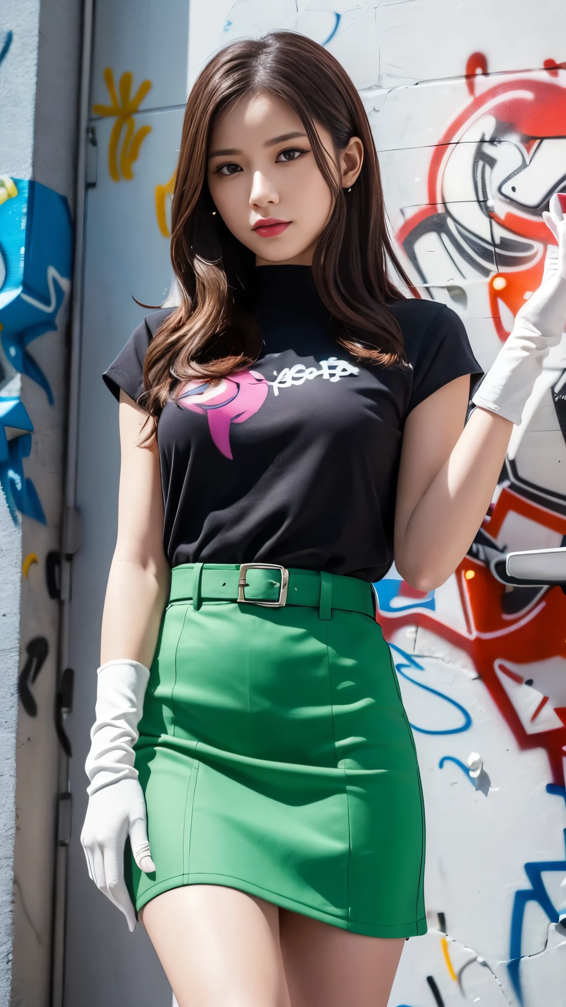 前hair, brown_hair, length_hair, red eyes,lipstick,compensate,
break black  gloves,  gloves,  skirt,  dress, green  dress, Short sleeve,  puffy sleeves,  Juliet Sleeves, short  skirt, green  skirt,Murrue Ramius、超ミニ skirt、ミニ skirt、すごく短いミニ skirt、
break (Graffiti:1.5),   splash purple lightning pattern showing the viewer from the front, Arms behind back, Against the wall, View the viewer from the front,  ,
break outdoors,
break (masterpiece:1.2),  top quality ,  high definition , unity 8k 壁紙, ( illustrations:0.8), ( beautiful detailed eyes:1.6),  extremely detailed face,  perfect lighting,  very detailed CG, (perfect hand,  perfect anatomy),