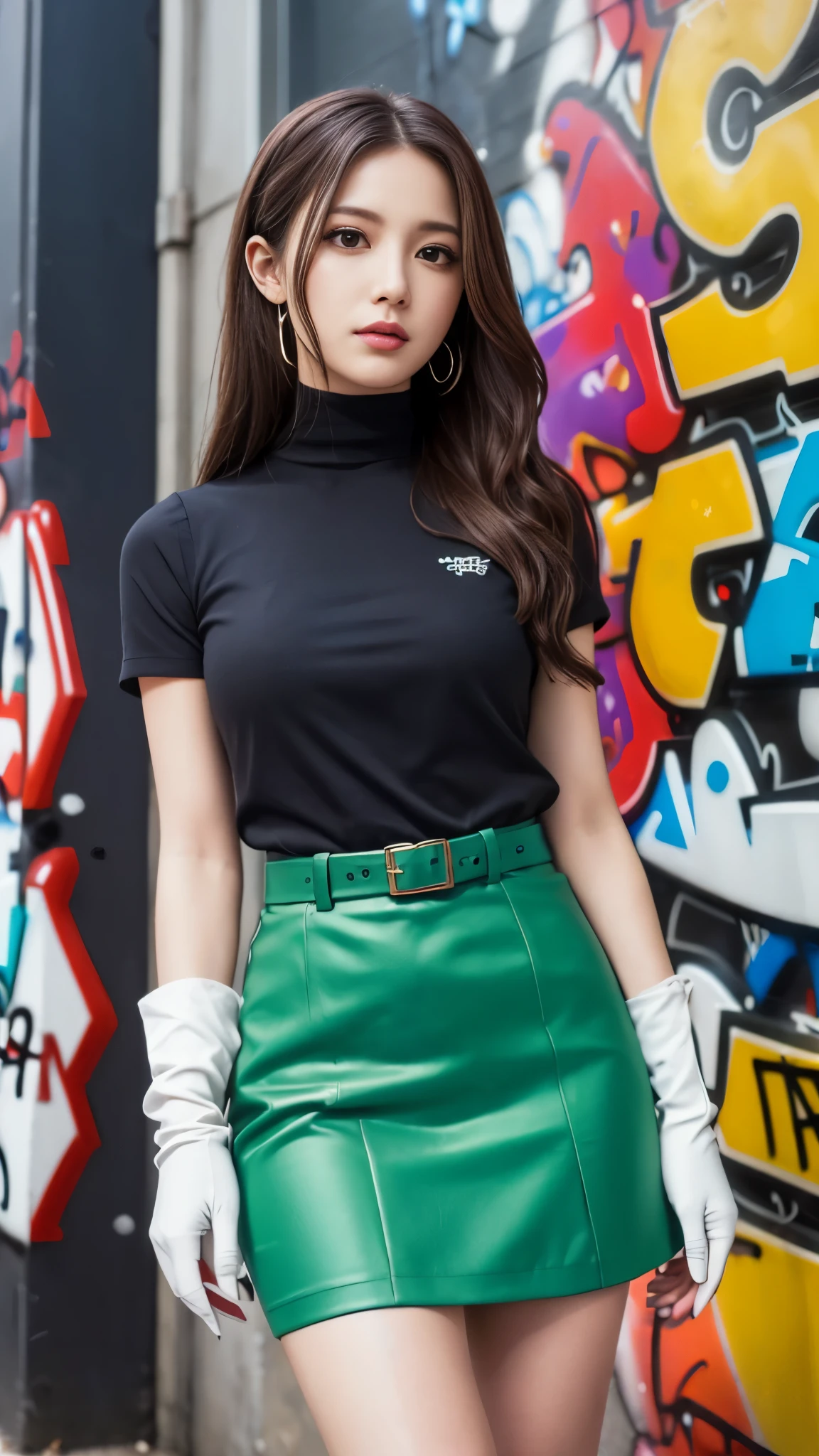 前hair, brown_hair, length_hair, red eyes,lipstick,compensate,
break black gloves, gloves, skirt, dress, green dress, Short sleeve, puffy sleeves, Juliet Sleeves, short skirt, green skirt,Murrue Ramius、超ミニ skirt、ミニ skirt、すごく短いミニ skirt、
break (Graffiti:1.5), splash purple lightning pattern showing the viewer from the front, Arms behind back, Against the wall, View the viewer from the front, ,
break outdoors,
break (masterpiece:1.2), top quality , high definition , unity 8k 壁紙, ( illustrations:0.8), ( beautiful detailed eyes:1.6), extremely detailed face, perfect lighting, very detailed CG, (perfect hand, perfect anatomy),
