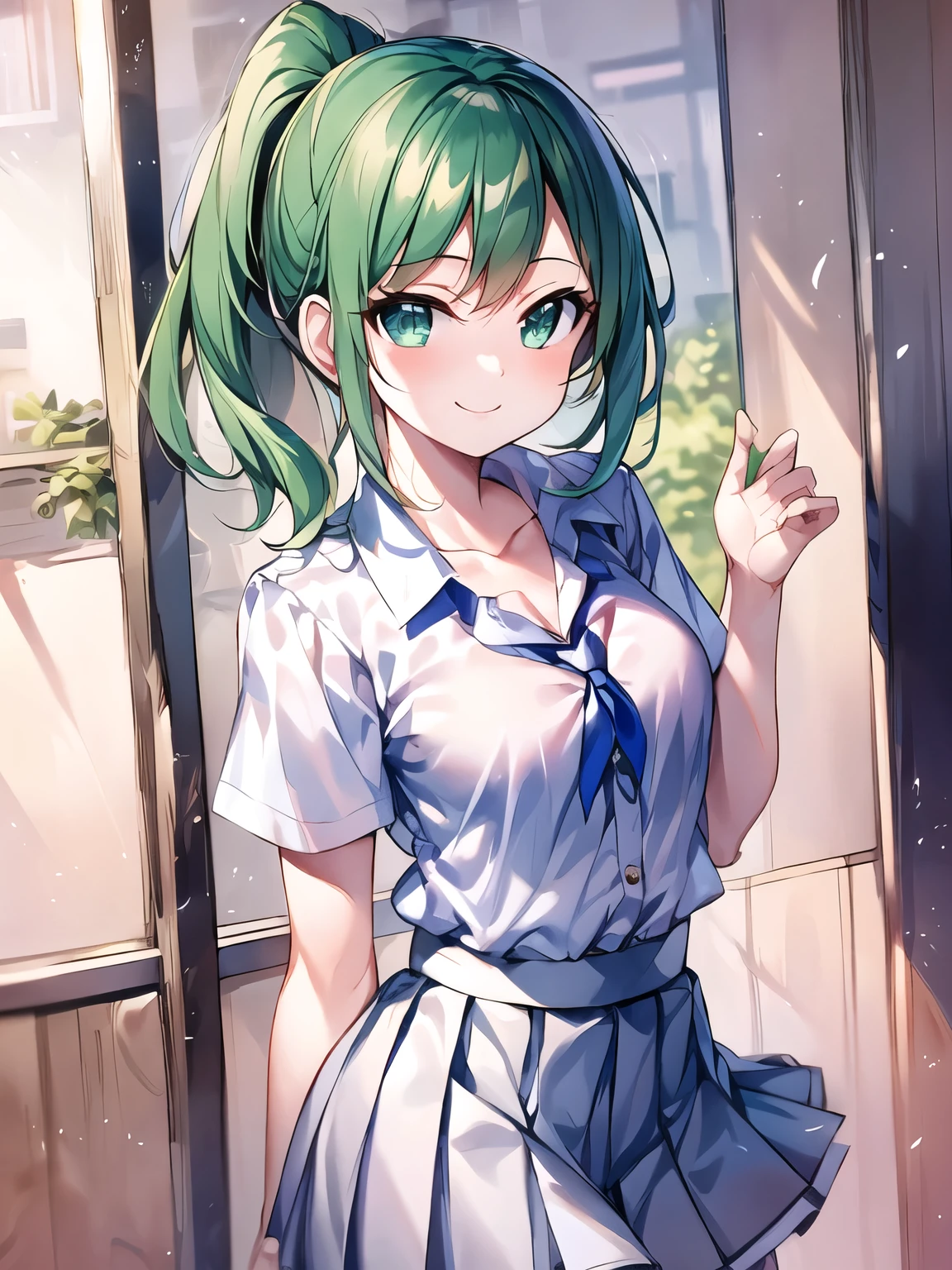 Top Quality Masterpiece, High Resolution, Lucia, Emerald Eyes, Emerald Hair, Ponytail, Beautiful Girl, White Shirt, Collared Shirt, Pleated Skirt, Miniskirt, Blushing Love, Melodere, Medium Hair, High School Student, Short Sleeves, Smile, Big Eyes, Collarbone, Short Hair