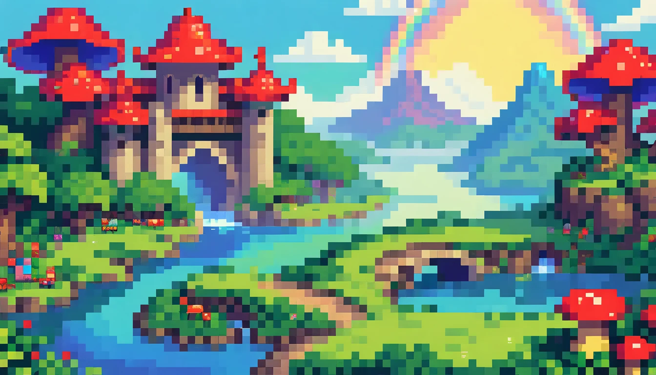 8-bit retro game, JRPG, Dragon Quest, pixel art, beautiful rainbow bridge over a lake, red mushrooms, fantasy world, hyperdetailed, intricate details,highly detailed environment, vibrant colors, fantasy landscape, lush vegetation, fantasy castle in background, magical atmosphere