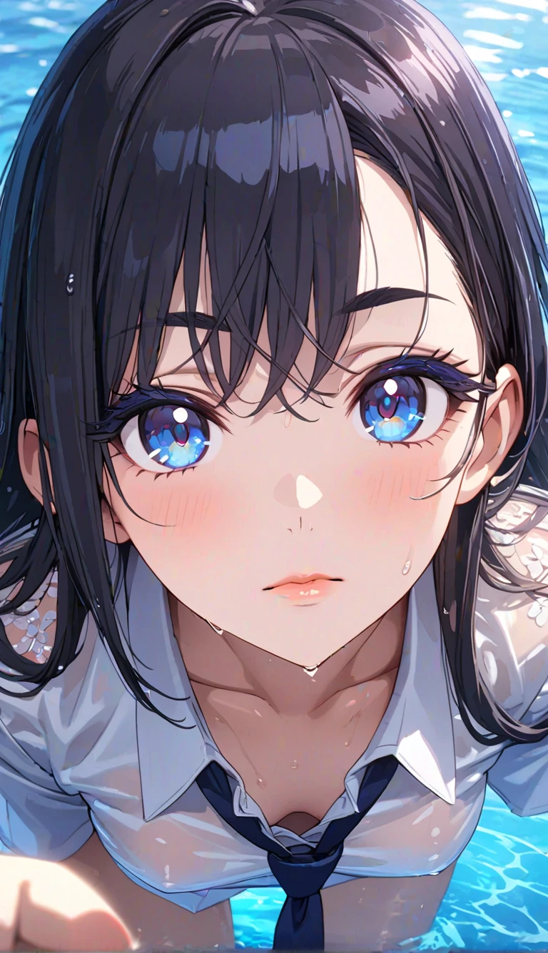 1woman, solo, eyeliner, gorgeous lips, black long hair, blue eyes, a mole on the right side of the mouth, torn bangs, a classic shape, tie, thin eyebrows, painted eyelashes, an elegant face, small breasts. office uniform, tie, ultra detailed eyes, (masterpiece), (best quality), (ultra-detailed), very aesthetic, illustration, perfect composition, intricate details, absurdres, falls into the pool, wet, clothes see through, no bra, full body
(anime, masterpiece, intricate:1.3), (best quality, hires textures, high detail:1.2), (4k),(incredibly detailed:1.4), perfect anatomy, graceful face, slim, pointed nose, (nostrils:1.3), gorgeous lips, UHD, 8K, ultra detailed, a cinematic photograph of HDR photo of Closeup photo of a beautiful natural 22-year-old woman