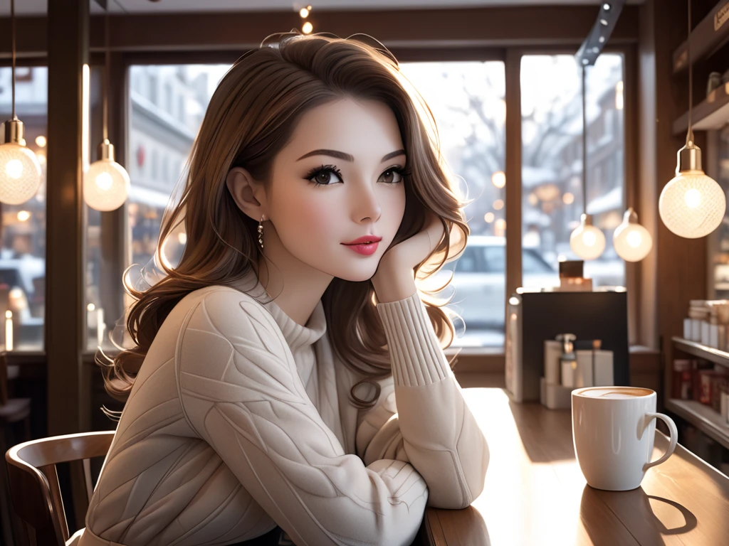 Picture a scene in a warm café on a winter morning. A beautiful woman, around 25 years old, wearing pale lipstick, is enjoying a peaceful, quiet moment.
Her face is beautiful in the bright lights of the shop. Attractive face, Masterpiece, Top quality, RAW photo, Brown hair, Detailed face, Dynamic pose, Photorealistic, Solo, Semi-long hair.