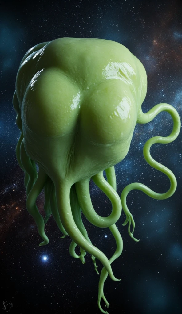 A gigantic sexualized amorphous greenish transparent viscous slime creature shaped as a cube with long penis shaped tentacle-like tendrils stretching out from its various sides who's entire purpose is to impregnate other species to continue its own species existence. Its traveling through outer space.