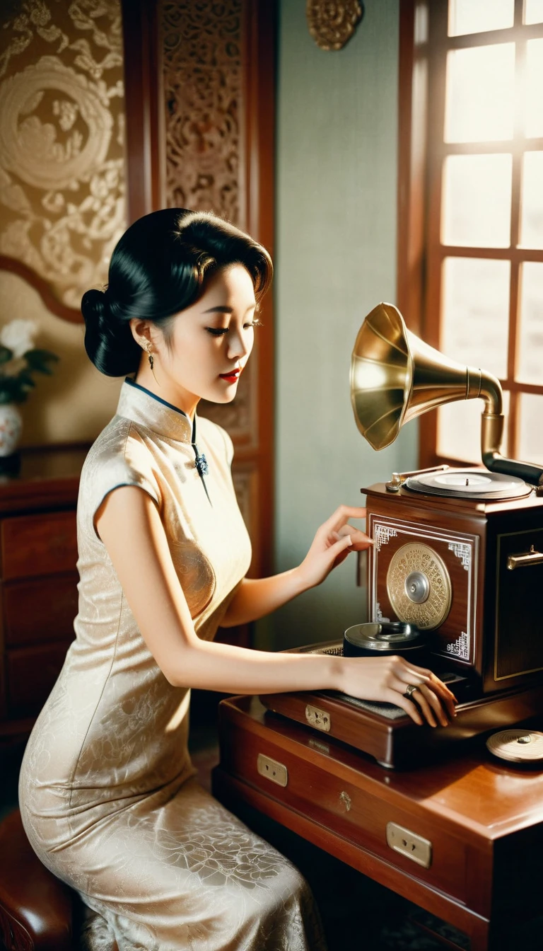 polaroid, film, graininess A Elegant and dignified woman in cheongsam interacting with a vintage-looking phonograph near a bed, insane intricate detail, head slightly tilted, Ambiguous and romantic atmosphere, indistinguishable from reality, film pellet, grain, lens flare, retro, aegyo sal