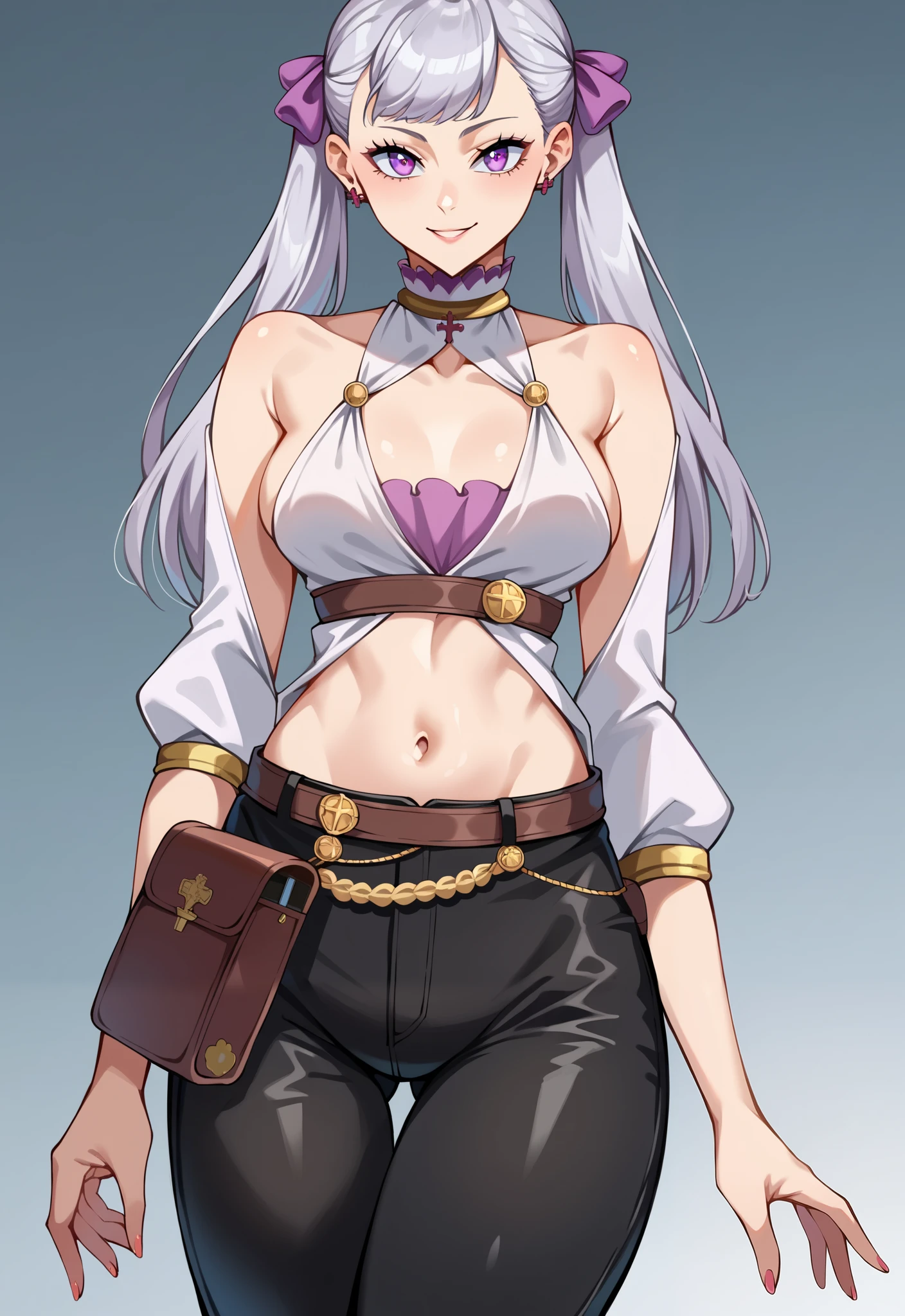 score_9, score_8_up, score_7_up, source_anime,4K,perfect fingers,(perfect hands, perfect anatomy),
noelle silva, grey hair, purple eyes, twintails, hair ribbon, 
Wearing ((separate,shiny black pants, belt, waist pouch, navel, bare shoulders, bare breasts)),
Standing,looking at viewer,seductive pose,teasing smile, NSFW,