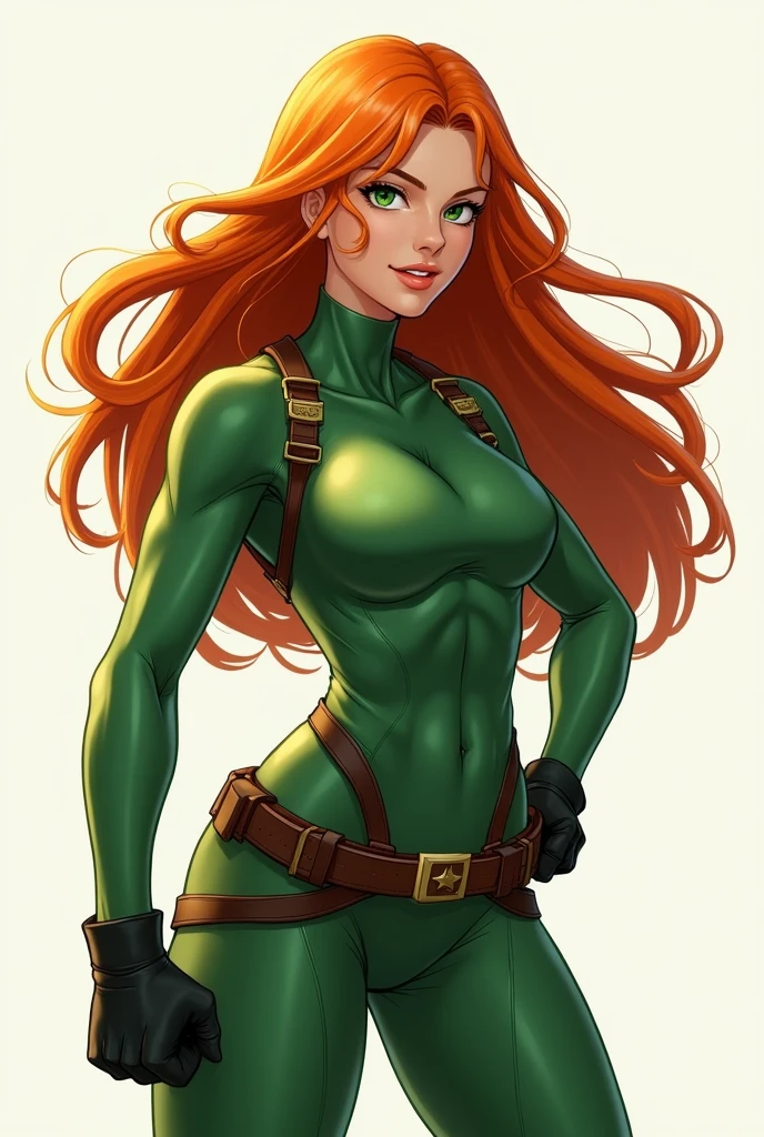 (Muscular:2.1), (thick thighs:2.1), 
(long hair:1.3) orange-red hair, green eyes, confident expression, pale skin,
eyeshadow,
detailed eyes, (cheeky smirk:1.6), detailed skin,
small breasts, hard nipples,
(black crop top, black gloves, brown belt, long sleeves:1.3), (green cargo pants:1.5),
(upper body view:1.7), looking at viewer, (three quarter view:1.3),
(high tech room), rim lighting, two tone lighting, dimly lit, bokeh