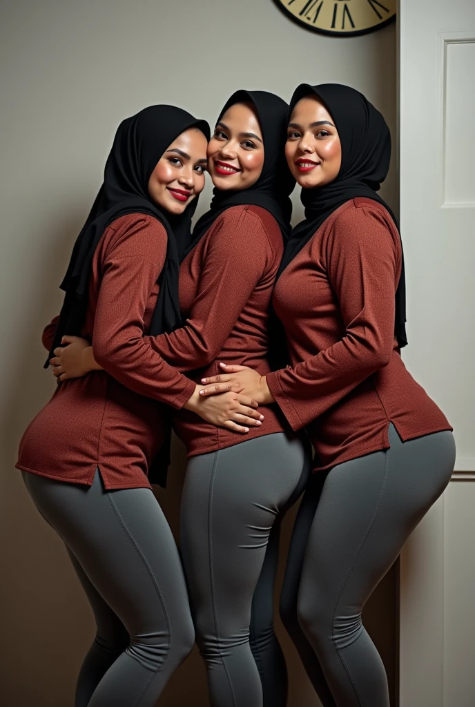 RAW, Best quality, high resolution, masterpiece: 1.3), total 5 people, beautiful Malay women, (total 5 women wearing hijab), sports, Masterpiece, athletic body, perfect slim, (), beautiful big eyes, soft smile , all wearing light gray t-shirt uniforms - very tight & short uniform shirts, transparent, very tight leggings, short leggings, evening walks, city parks, good lighting, bright colors, busy streets