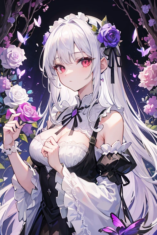 highest quality, clear and well-groomed face, Clear, bright and shining eyes, long eyelashes, punk girl, earrings, Holding a bouquet of colorful flowers, big breasts,