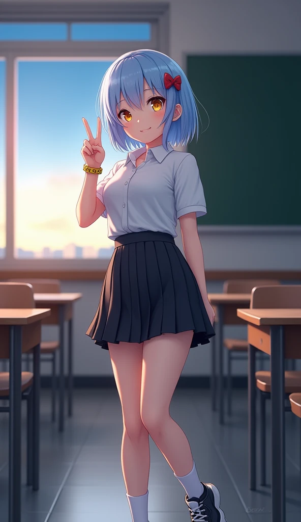 masterpiece, best quality, illustration, highres, absurdres, ultradetailed, highly detailed eyes, shiny, shiny skin, bright eyes, (school uniform, classroom, pantyhose, pleated skirt, confident pose ) <lora:UnstableWaifusion:1>