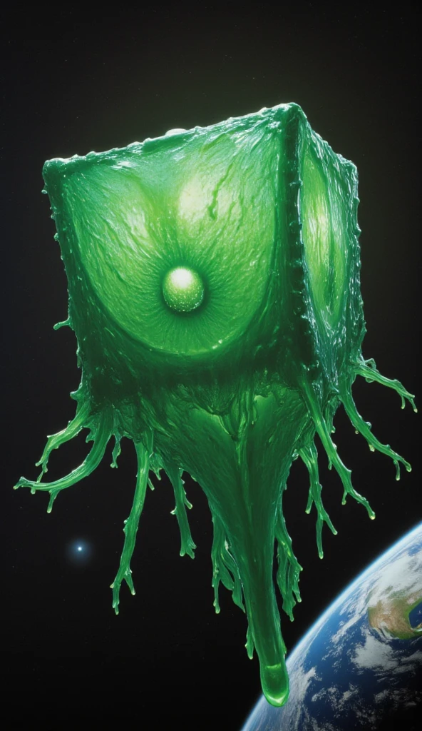 A gigantic sexualized amorphous greenish see through viscous slime creature shaped as a cube with long penis shaped tentacle-like tendrils stretching out from its various sides who's entire purpose is to impregnate other species to continue its own species existence and has a vaginal styled opening on the center of it's sides. Its traveling through outer space.