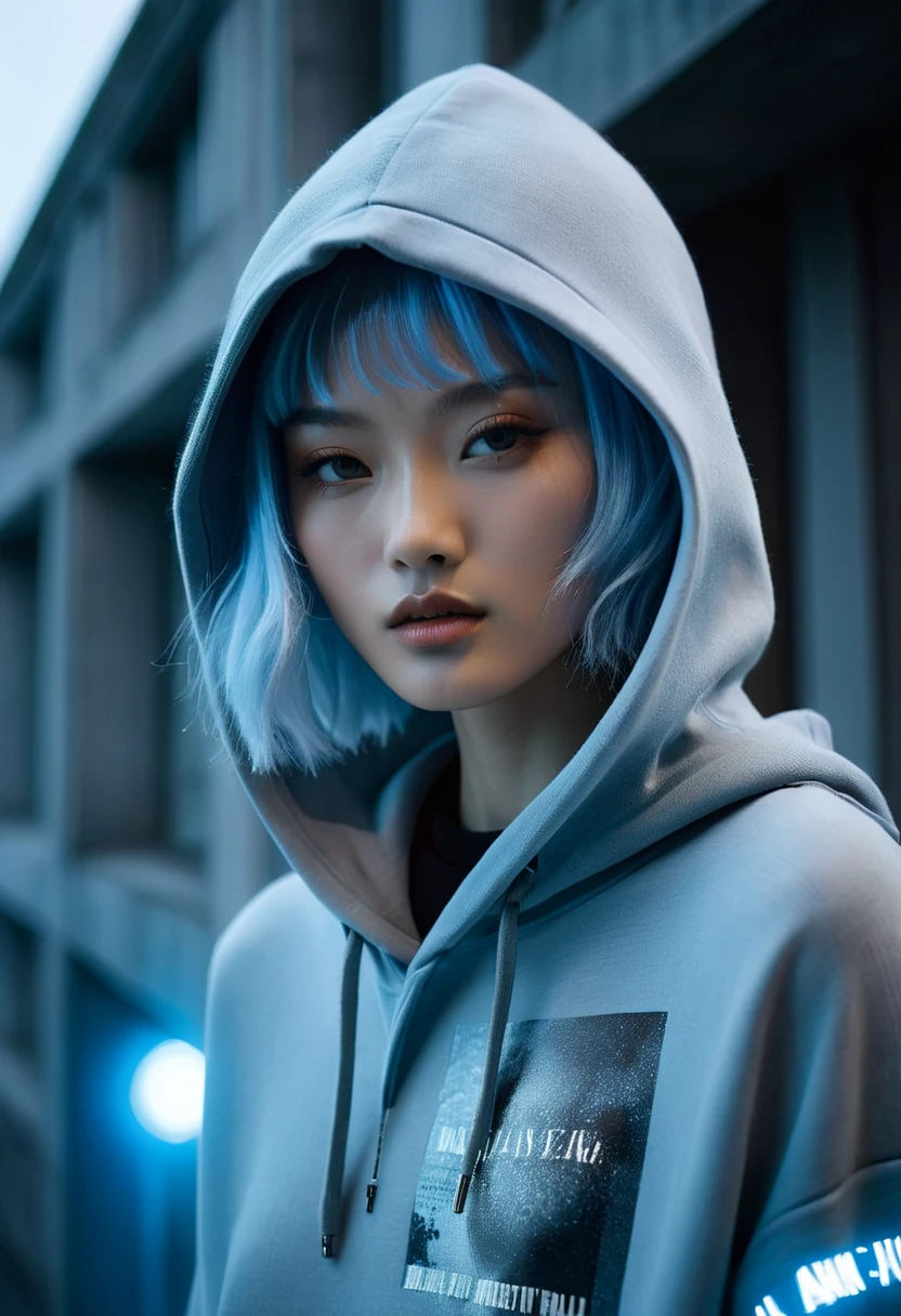 highly detailed photorealistic scene, volumetric lighting, portrait of haute couture beautiful asian fashion model with pale blue hair, light guy blue eyes a little smile hoodie with the inscription "Aisyah", ethereal dreamy foggy, photoshoot by Alessio Albi , editorial Fashion Magazine photoshoot, fashion poses, in front of brutalist building architecture. Kinfolk Magazine. Film Grain.