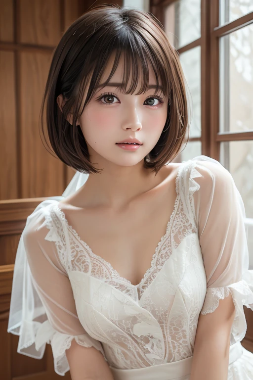 (RAW Photos), (Realistic), (masterpiece), (highest quality), High resolution, 8K resolution, (Intricate details), (Volumetric Light), Portraiture, woman,, short hair, Straight hair, Layered Hair, Brown haired, Highly detailed eyes, Source order, Very thin eyebrows, Highly detailed skin, Highly detailed mouth, Highly detailed nose, Cute like an idol, smile, ((Thick lips)), ((Look at the viewers)), (Elegant blouse)、Cleavage、Cleavage、The color of the clothes is up to you、The color of her underwear is see-through purple、