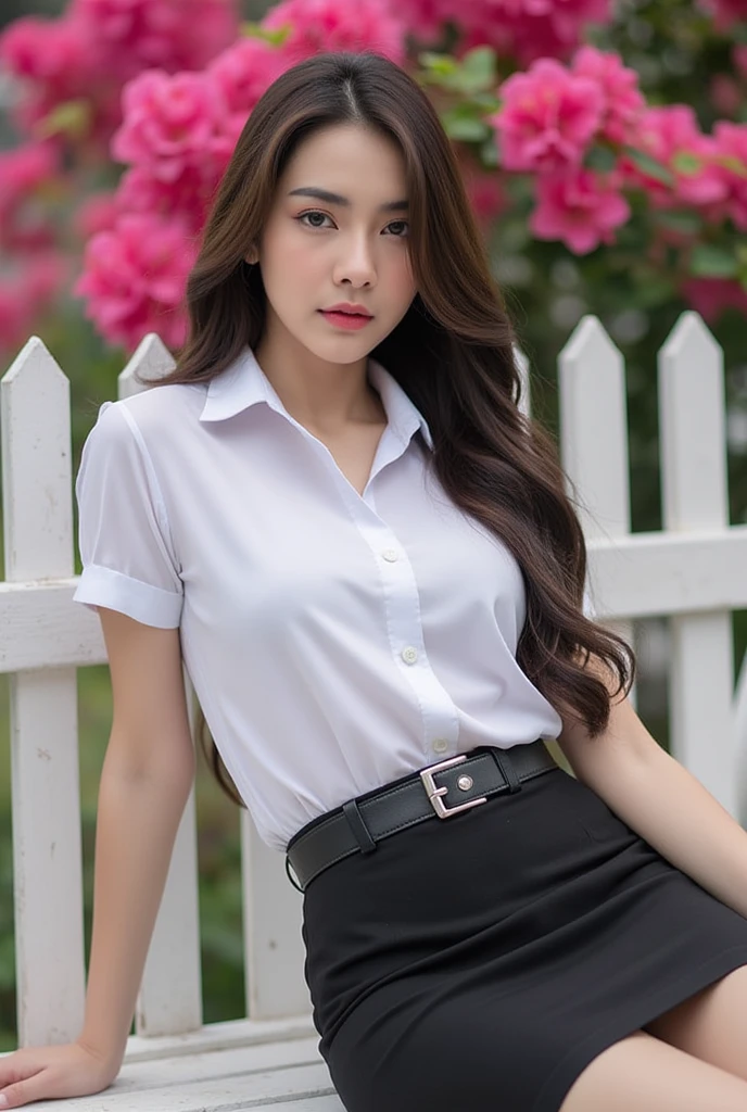 thai woman long hair, white collared shirt short sleeves, belt, short black pencil skirt, lounging seductively, white fence, bougainviiea