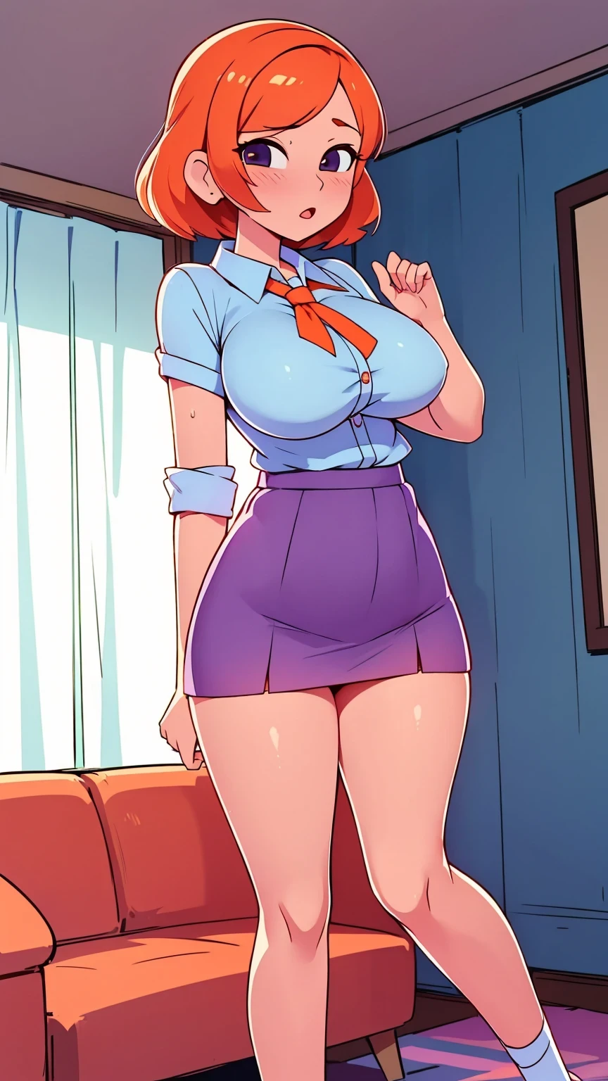  a teenage girl sexy attractive beautiful cool popular short orange hair disheveled cut light red lip wears long light blue button shirt sensual curves and a short purple miniskirt pair short blue socks legs white heel she walking living room class, huge breasts, lifting skirt, tall, lifting skirt