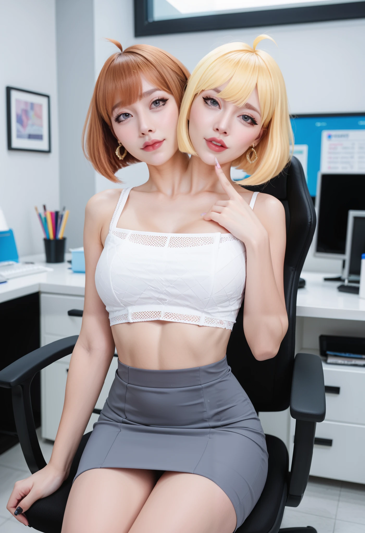 best resolution, 3heads, woman with three heads, conjoined,tall, blonde hair wispy bangs with short hair, trendy hairstyle, mm, flirty expression, asymmetrical dress, crop top, midriff, indoors, sitting in an office chair, in a home basement