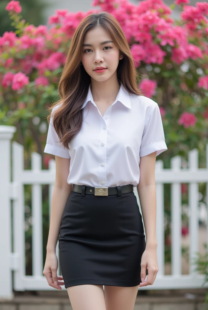 thai woman long hair, white collared shirt short sleeves, belt, short black pencil skirt, standing post, white fence, bougainviiea
