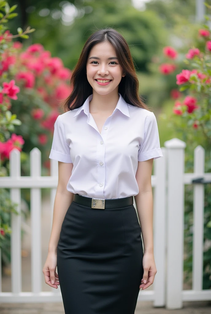 thai woman long hair, smily, white collared shirt short sleeves, belt, short black pencil skirt, standing post, white fence, bougainviiea
