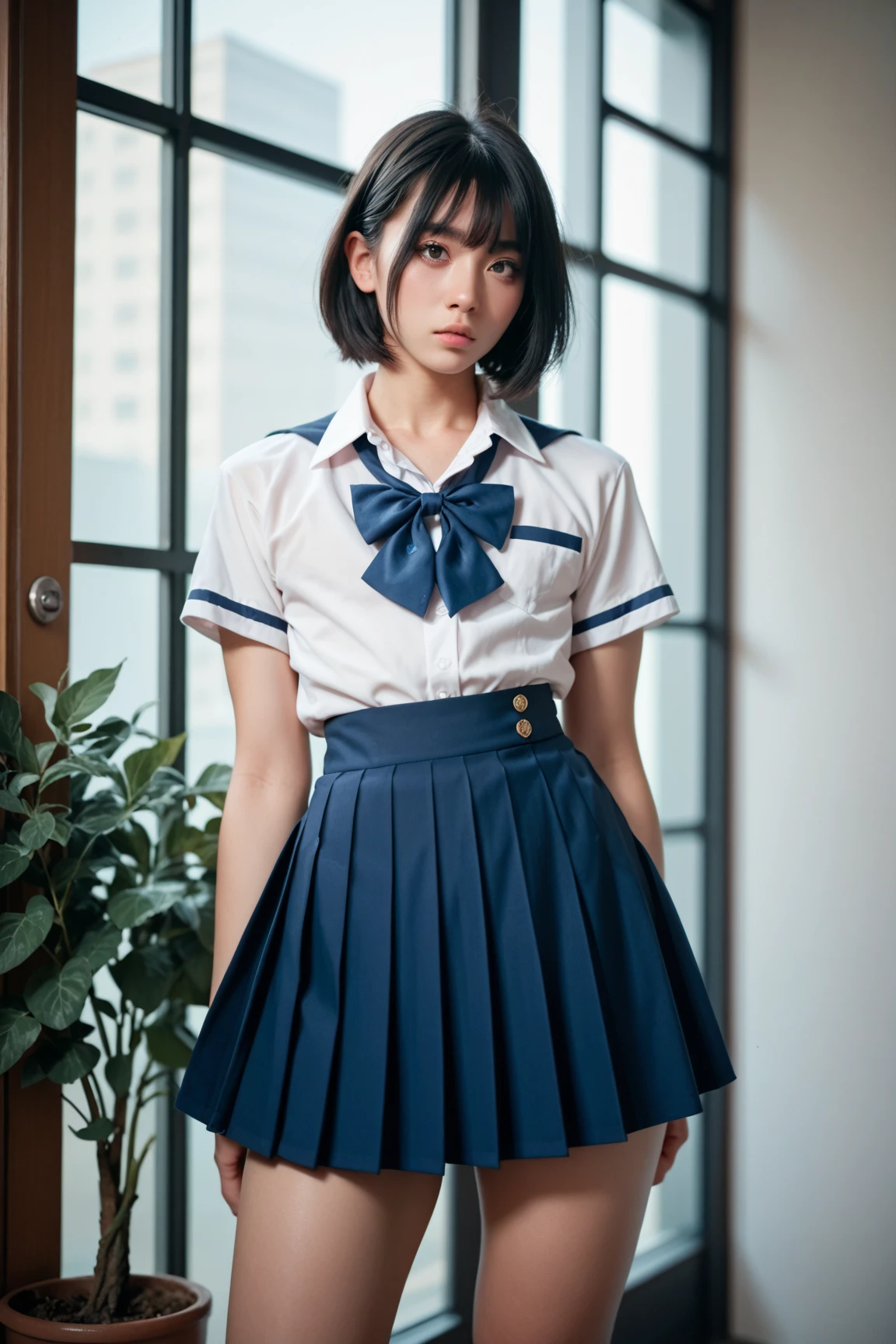  femboy, trap,  one boy , Male,   tall ,   facing the front,  standing, curvilinear,  skirt, Rin々 with dark eyes, Long black hair,   Wide Hips,  high school girl uniform 