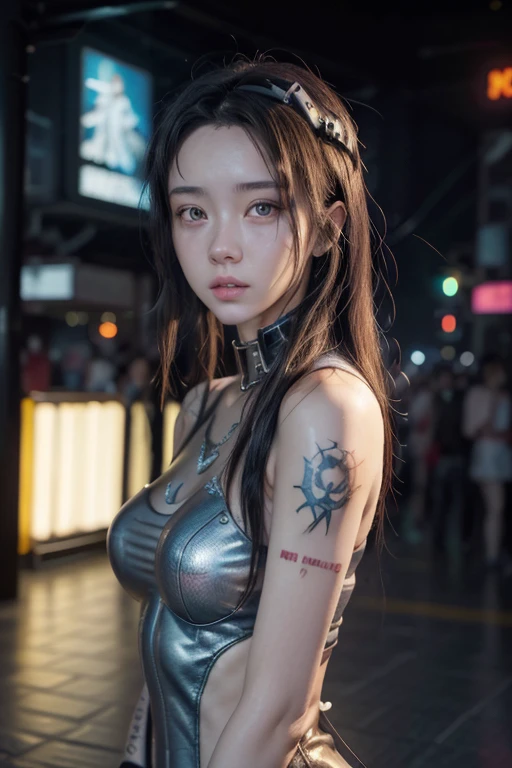 Futuristic woman in futuristic costume, cyberpunk 2 0 y. o Model Girl Digital Cyberpunk - Anime Art, cyberpunk girl, cyberpunk art eyes,Live-action faces,live-action scenery,super beautiful girl,Shoulders exposed,angel disguised as a human, beautiful eyes that are thin and slanted horizontally, tattoos all over the body ,thing々sharp eyesight ,