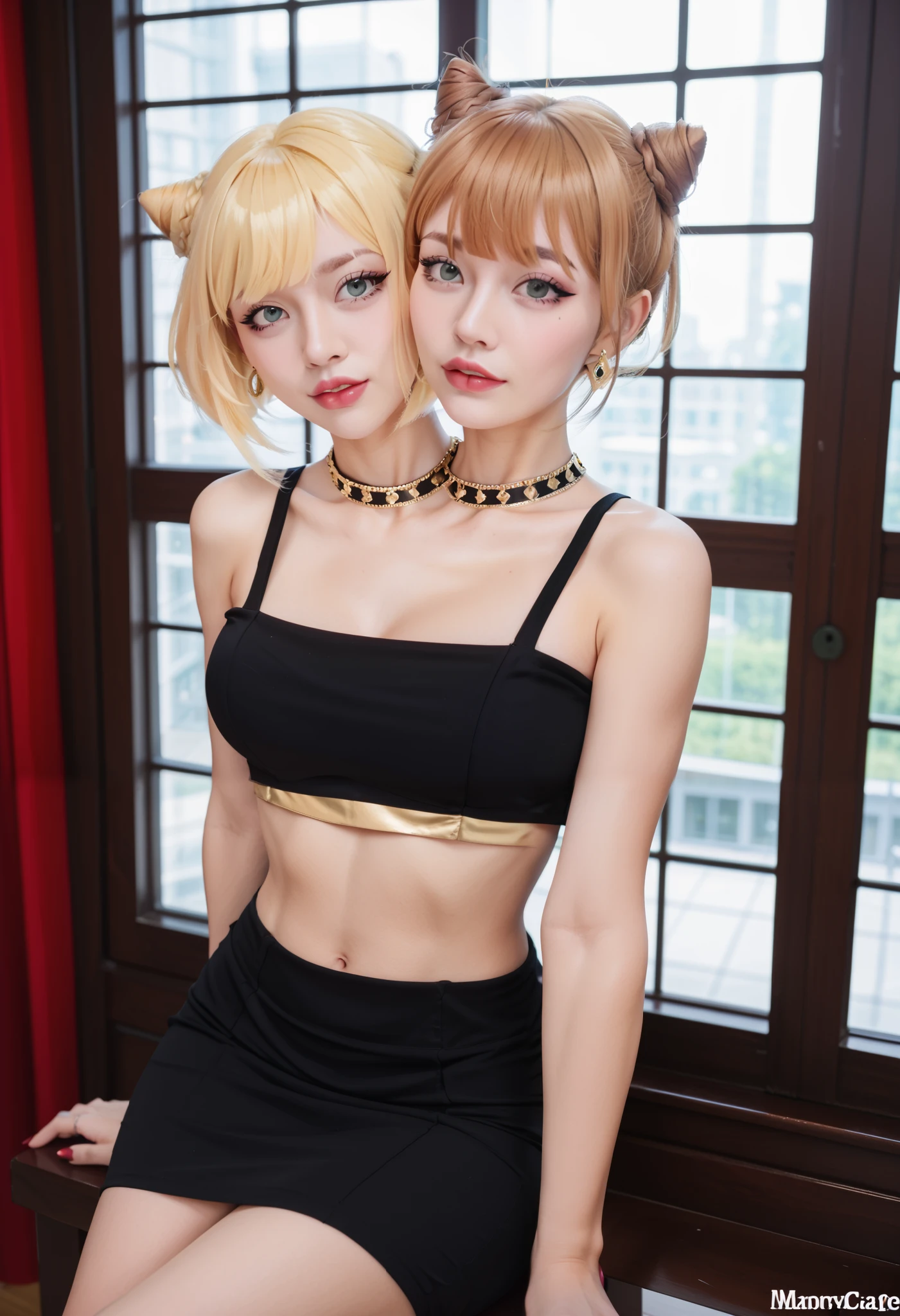 best resolution, 3heads, woman with three heads, conjoined,tall, blonde hair wispy bangs with short hair, trendy hairstyle, mm, flirty expression, asymmetrical dress, crop top, midriff, indoors, sitting at a booth, in a moody cafe