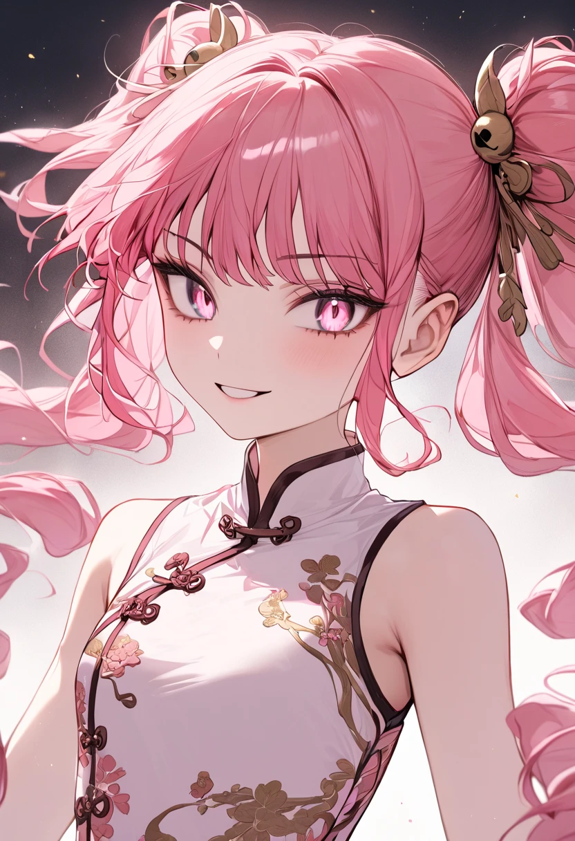 (masterpiece,  High Quality , Midea, 4K,  illustrations),  delicate details without lighting,  One Girl , 1 person, Contrast, Shining Eyes, ( Kung Fu Girl ), 18 years old,  cute face, Clench your fist, ( Fluorescent Pink Gradation),  Dumplings Twin Tails ,  medium hair, side lock,  golden eyes, White China Dress ,  Satu Stance,  small breasts, smile,  upper body.