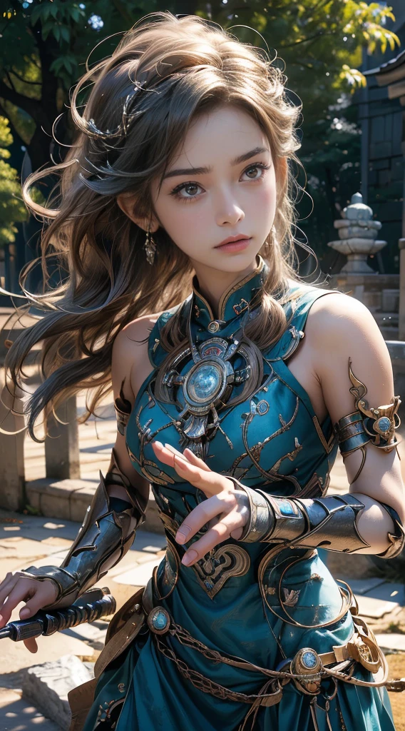  top quality ,  master parts  , super high res,( realistic :1.4),Shusho ,arms, detailed face ,.（ brave and beautiful warrior ）,Alone,arms, clevis on a stone,( magic wheel :1.2),Shusho ,whole body, beautiful girl ,whole body,東アジアの architecture,sheath, architecture .（ long sword or 、 in a pose holding a sword ）