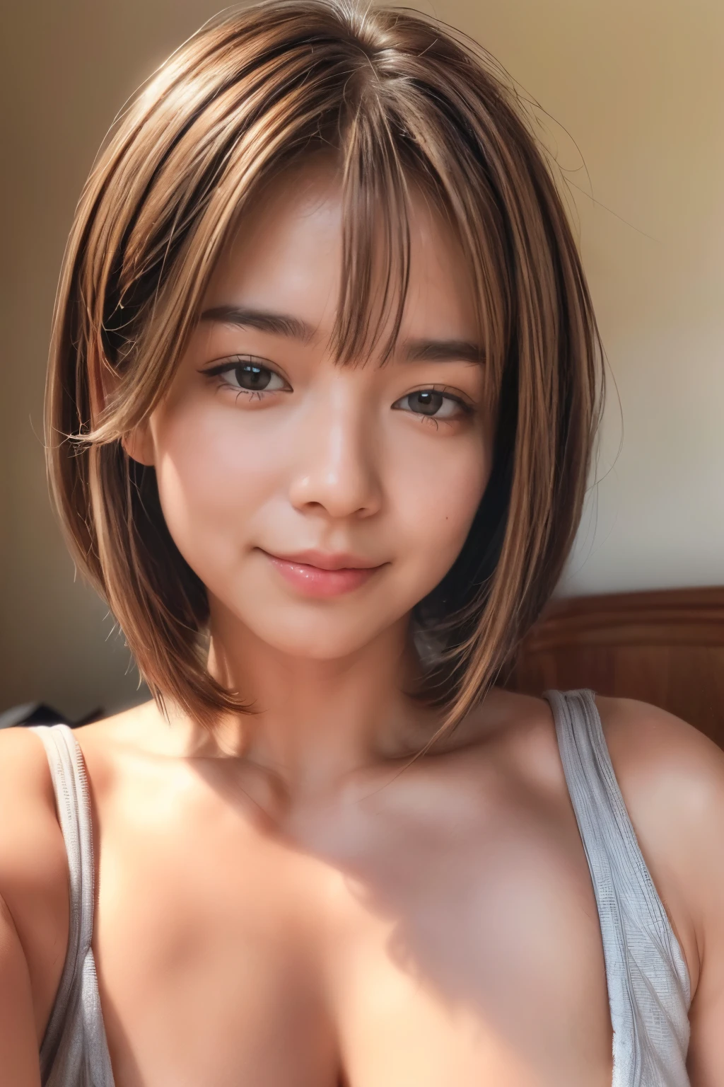 (((Face close-up)))、(((Absolutely shoulder-length brown straight short bob)))、(((She's lying on the bed and looking at us.)))、((((Thin tank top)))、Half Japanese and half Korean、28 year old girl、Looking forward、Light eye makeup、Brown Hair Color、Hair blowing in the wind、quality、Shiny Ultra-Realistic Face、glossy、lure、Sweaty,Watery eye、Gaze Up、Subtle lighting effects、Ultra-Realistic Capture、Very detailed、High resolution 16K human skin closeup。Skin texture must be natural、The detail must be such that the pores are clearly visible.、The skin is healthy、Even Tone、Use natural light and colors、High quality photos taken in-house by a model agency photographer、smile、(((SIGMA 300 mm F/1.4、1/1000 sec shutter、ISO 400)))