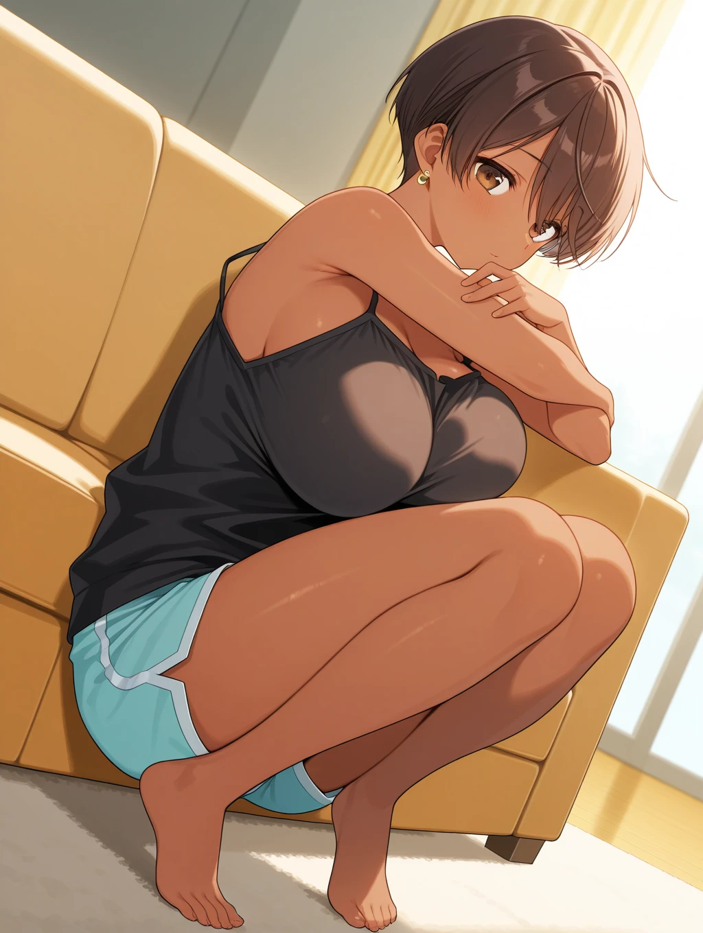 toono mizuki, dark-skinned female, brown eyes, earrings、 1 girl, Alone,      shorts, masterpiece,  top quality ,Big Breasts　　Lean on the sofa　　down　　dutch angle,　shoulder　off、full body, Shota sexually harasses others 　Middle-aged fat otaku 　 man asks her to show her boobs、