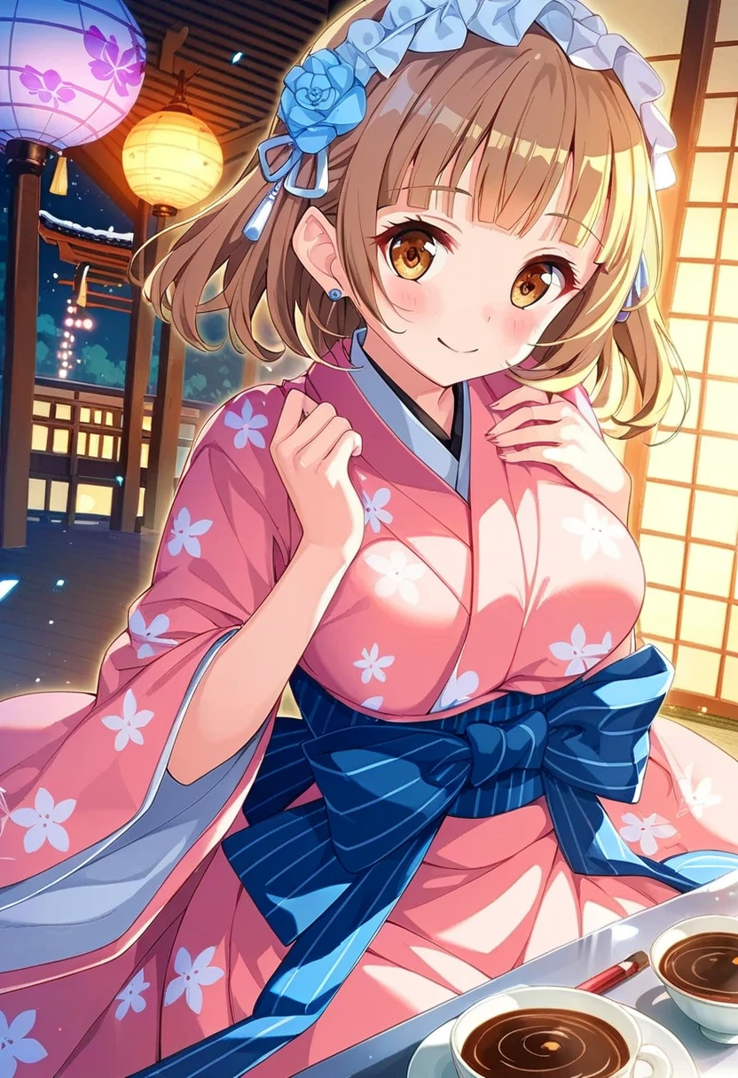 1Girl, yuki mio, kimono dress, Japanese Taisho period design, Brewing coffee, sparkling aura