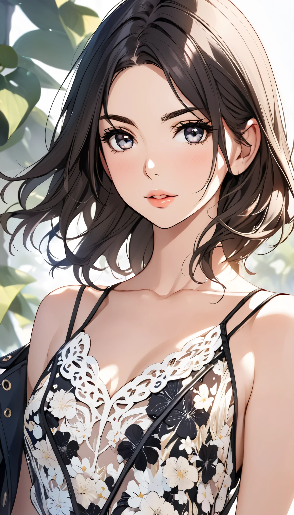 ((mejor calidad)), ((Obra maestra)), (detallado), perfect face woman in black lace lingerie in a garden, lado lateral trasero