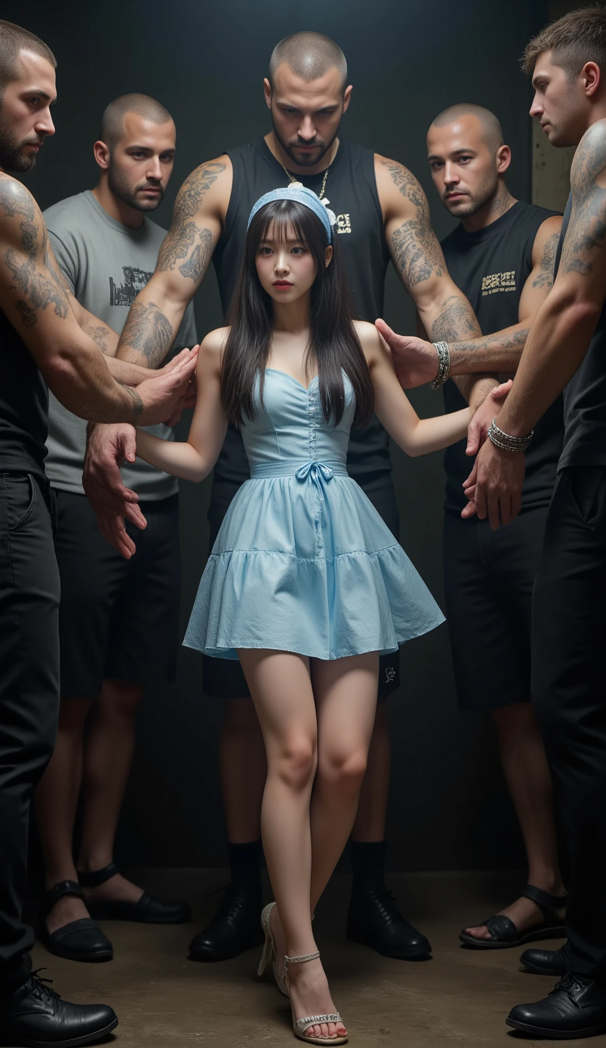 (NSFW), dynamic,
realistic, Press photo, Documentary Technique, Very clear image,HDR,
(full body visible:1.5),
1girl, 3guy,
A Korean beauty idol is captured by a korean gang and surrounded by men who look like they're ruthless,
The girls are smaller than the guys, and didn't even reach the men's shoulders,
the girl ,
The girl's skin is translucently white,
the girl's hair is pur black twintails,
her name is Arin,
A man with a shaved head, a muscular man, a man wearing a thick necklace of bacteria,
a man has tattoo,
Rough men,
the men are treating the girl roughly,
The girl's costume is a light blue mini dress,
The girl's dress is sleeveless,
the girl is terribly frightened,
The girl's eyes are wide with fear,
The girl is frightened, cowering,
the girl trembling looking up at the men,
The girl is begging the men to pray,
The girl was subjected to violence,
the men assaulted her,
gang office,