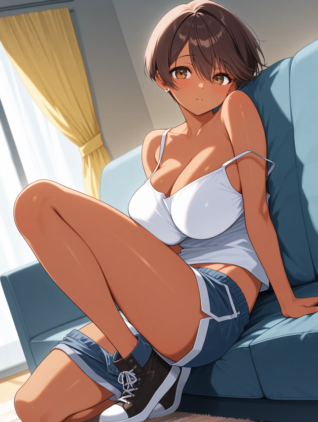 toono mizuki, dark-skinned female, brown eyes, earrings、 1 girl, Alone,      shorts, masterpiece,  top quality ,Big Breasts　　Lean on the sofa　　down　　dutch angle,　shoulder　off、full body,Shota sexually harasses others　Middle-aged fat otaku 　A man asks her to take a picture of her boobs、