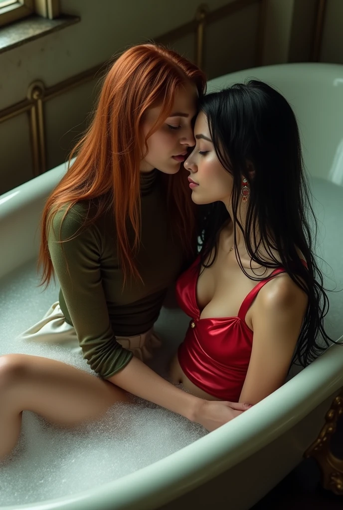 ultra realistic, photography, two girls: one with long straight red hair, 24 years old, hourglass figure, perfect body, natural medium breasts, she is naked, laying in bed on her back with her legs spread wide apart, the other one: long black straight hair, girl, 30 years old, hourglass figure, perfect fit body, natural big breasts, she is naked, she is laying in bed on her stomach and her hand is between the other girls legs, they both are moaning loudly with their mouths open and their eyes closed